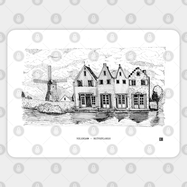 Volendam Windmill Netherlands Travel Art Sticker by Wall-Art-Sketch